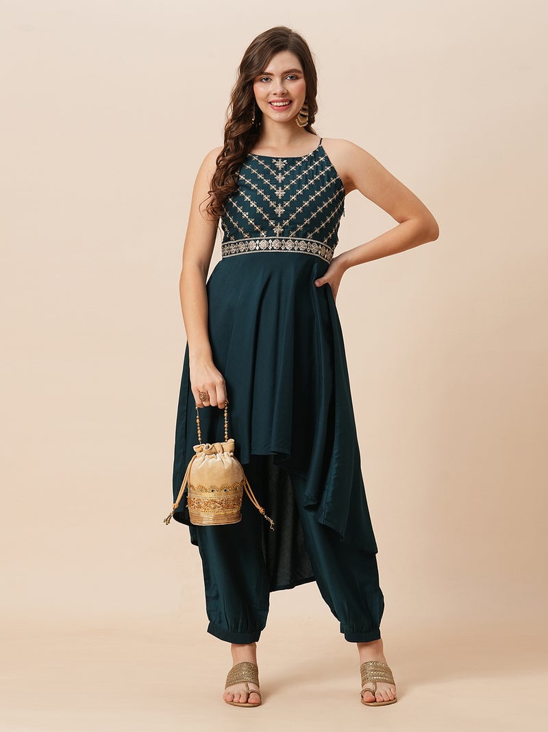 globus Globus Women Embroidered Round Halter Neck High-Low Hem A-Line Kurta & Afghani Pants Festive Set  - Image 1
