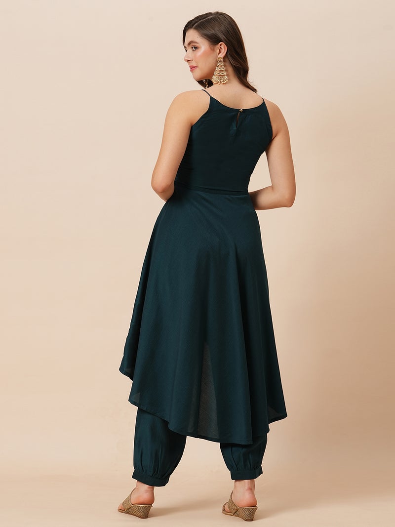 globus Globus Women Embroidered Round Halter Neck High-Low Hem A-Line Kurta & Afghani Pants Festive Set  - Image 3