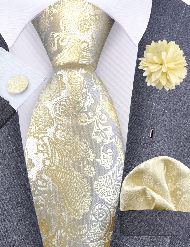 GUSLESON Light Yellow Mens Paisley Wedding Necktie Pocket Square Cufflinks and Lapel Pin Brooch Set (IN6105-52) - Image 2