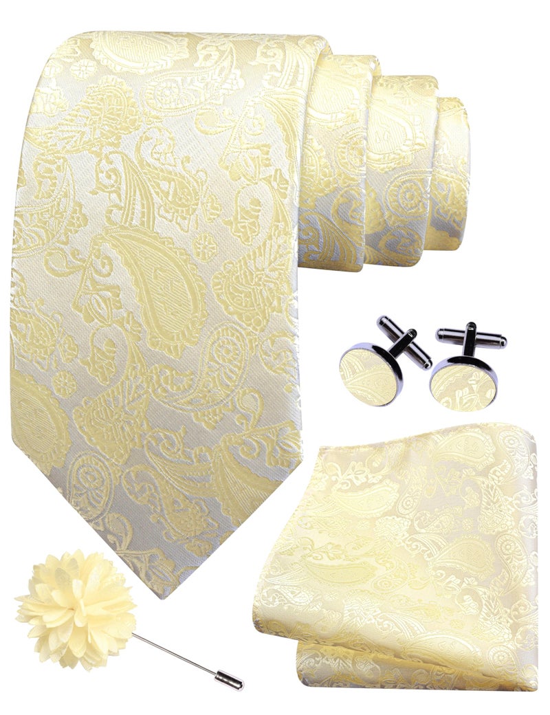 GUSLESON Light Yellow Mens Paisley Wedding Necktie Pocket Square Cufflinks and Lapel Pin Brooch Set (IN6105-52) - Image 1
