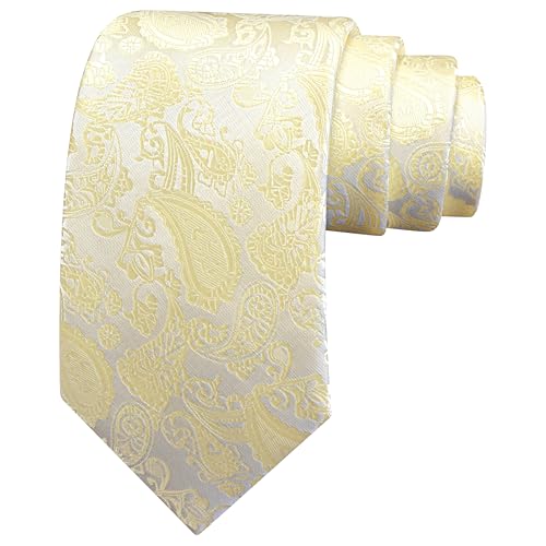 GUSLESON Light Yellow Mens Paisley Wedding Necktie Pocket Square Cufflinks and Lapel Pin Brooch Set (IN6105-52) - Image 3