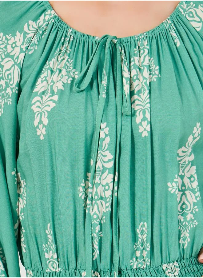 ستايلي All Over Print Smocked Detail A-Line Midi Dress