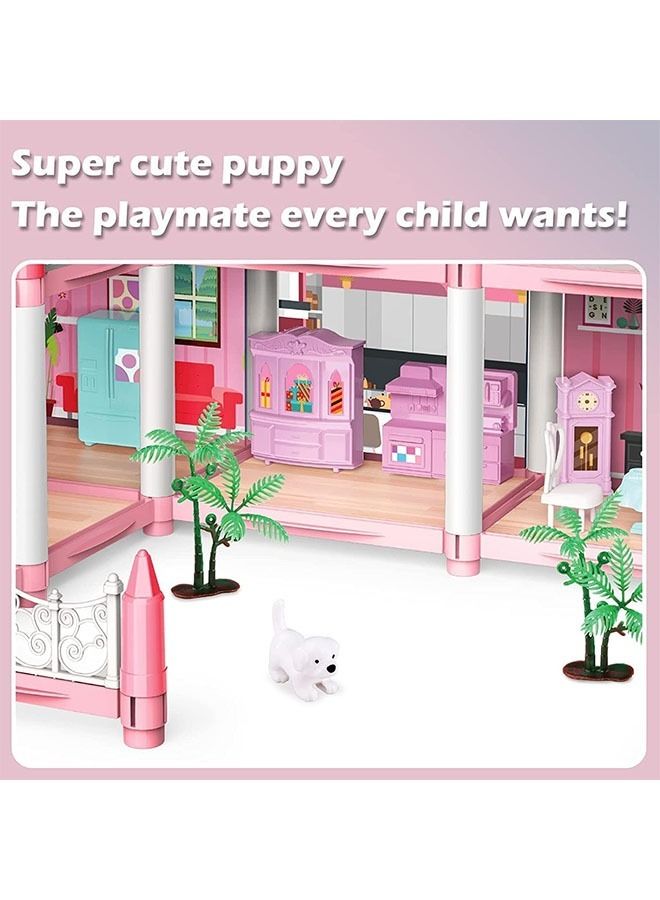 Beauenty 14pcs Doll House Building Toys with Lights to Assemble Kitchen, Bedroom, Furniture, Garden, Dolls, Pets, Pink Play Dream House for Girls - Image 5