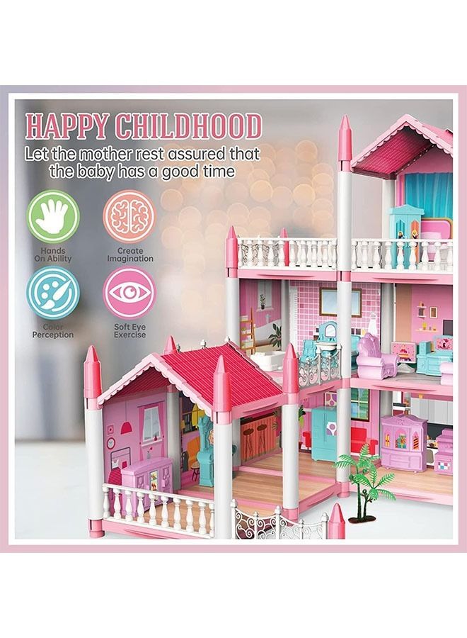 Beauenty 14pcs Doll House Building Toys with Lights to Assemble Kitchen, Bedroom, Furniture, Garden, Dolls, Pets, Pink Play Dream House for Girls - Image 4