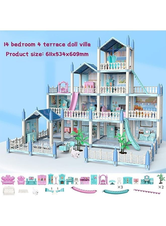 Beauenty 14pcs Doll House Building Toys with Lights to Assemble Kitchen, Bedroom, Furniture, Garden, Dolls, Pets, Pink Play Dream House for Girls - Image 2