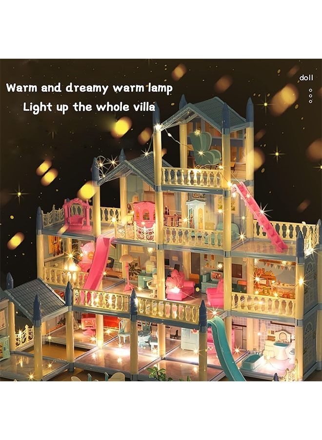 Beauenty 14pcs Doll House Building Toys with Lights to Assemble Kitchen, Bedroom, Furniture, Garden, Dolls, Pets, Pink Play Dream House for Girls - Image 3