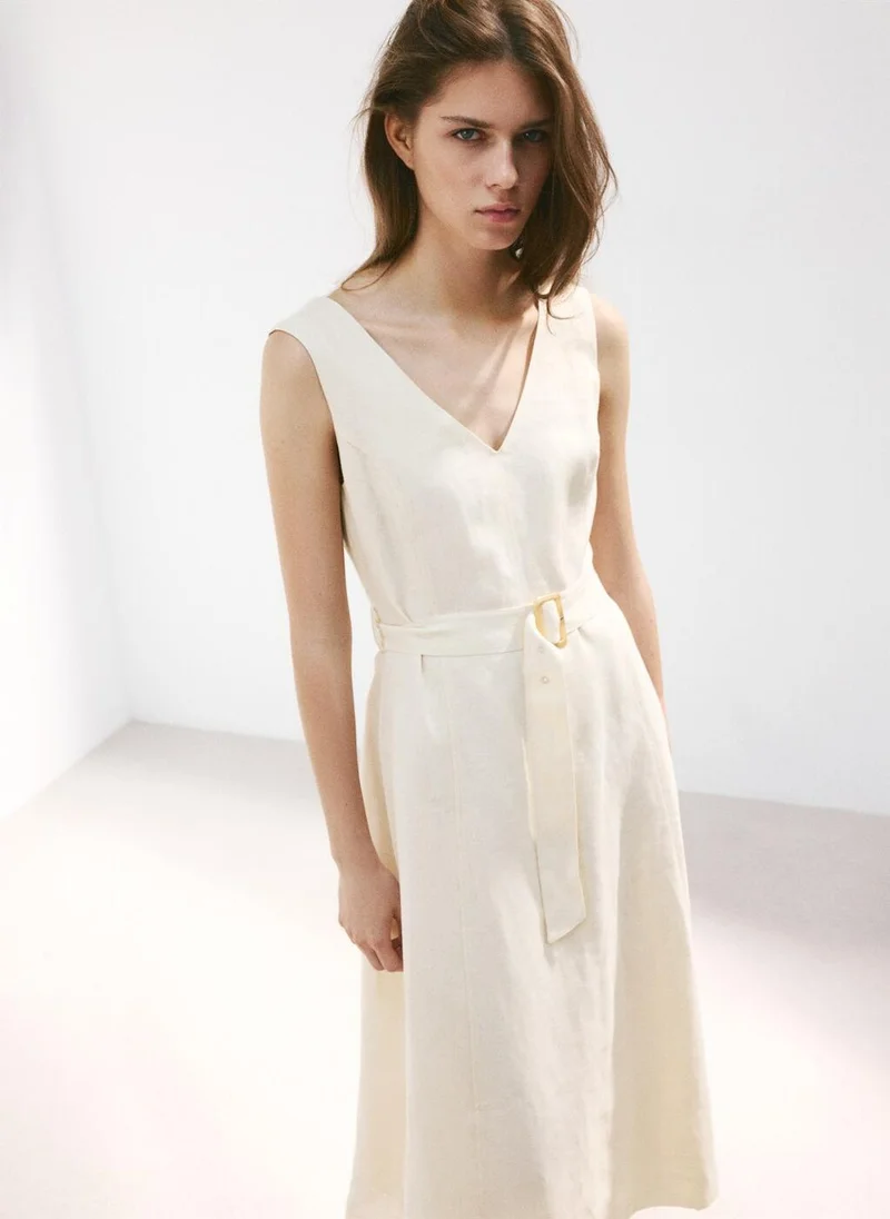 Mango off-white Linen Midi-Dress With Belt for Women | Best Price UAE
