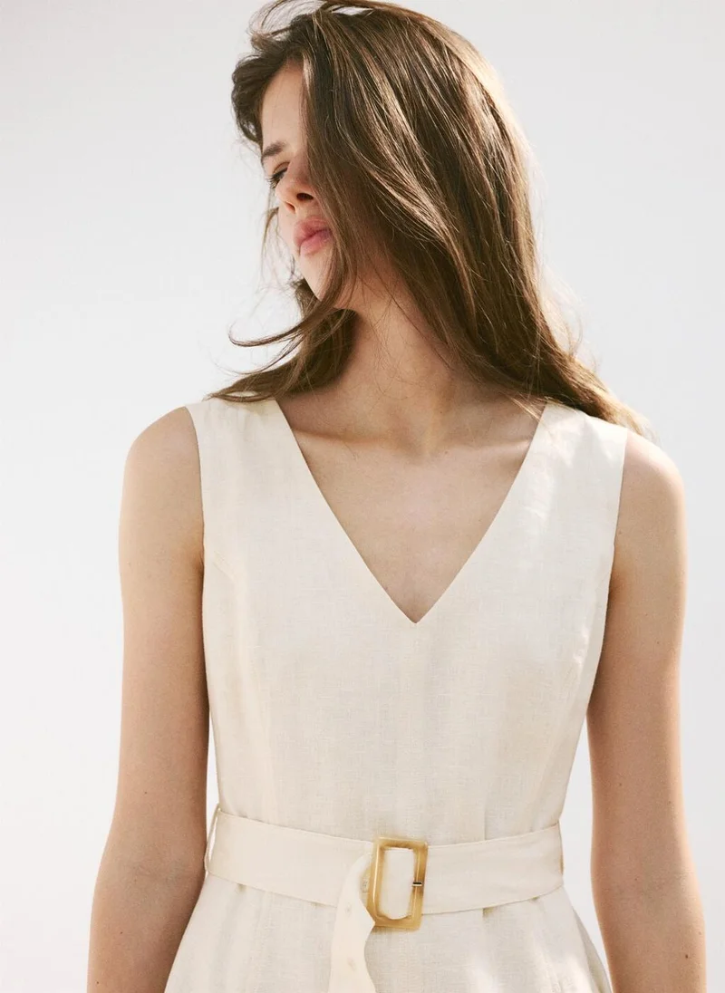 Mango off-white Linen Midi-Dress With Belt for Women | Best Price UAE