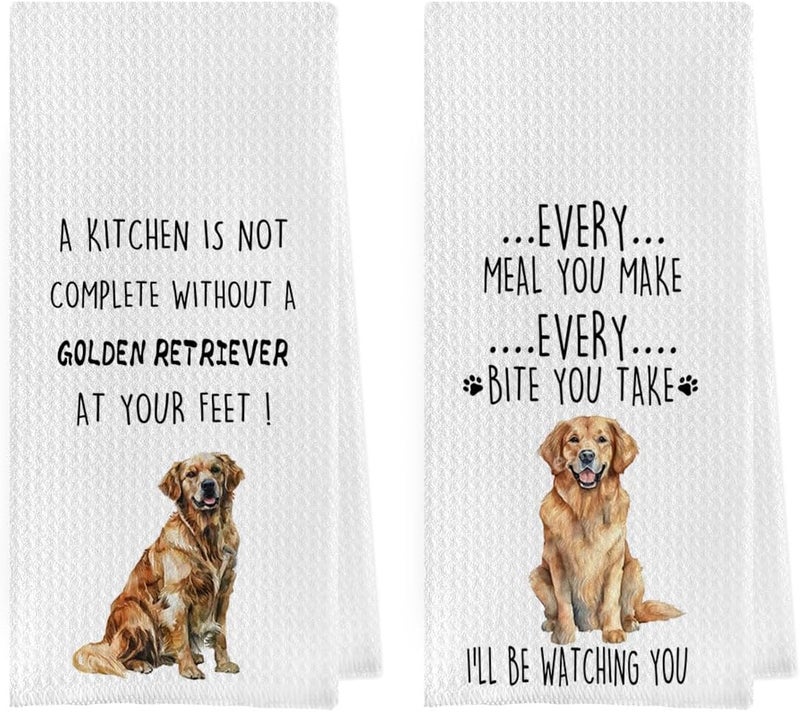 Geqtt Golden Retriever Dish Towels Set - Golden Retriever Decorative Waffle Weave Kitchen Towels, Hand Tea Towels for Bathroom Kitchen (16×24 Inches Set of 2) - Image 1