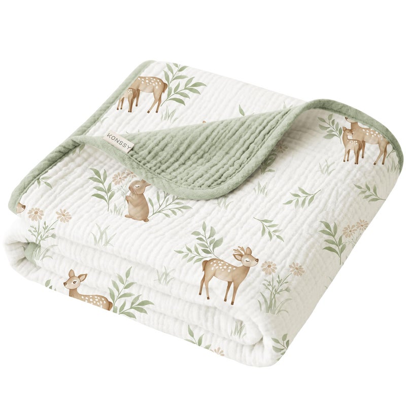 Konssy Muslin Baby Blankets for Girls Boys, 100% Cotton Crib Blanket for Infant Toddler, Super Soft and Lightweight Nursery Swaddling Wrap 40"x36" (Woodland) - Image 1