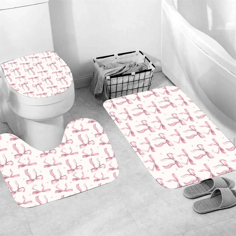 AZHM 4Pcs Pink Shower Curtain Set Cute Bathroom Sets with Shower Curtain and Rugs and Accessories Aesthetic Bathroom Decor Set with 12 Hooks - Image 3