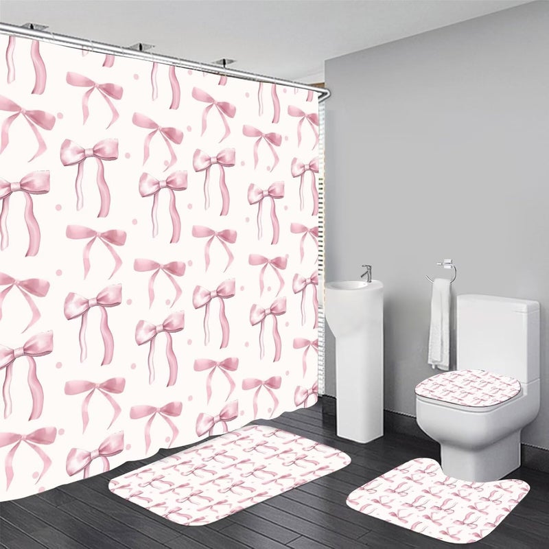 AZHM 4Pcs Pink Shower Curtain Set Cute Bathroom Sets with Shower Curtain and Rugs and Accessories Aesthetic Bathroom Decor Set with 12 Hooks - Image 1
