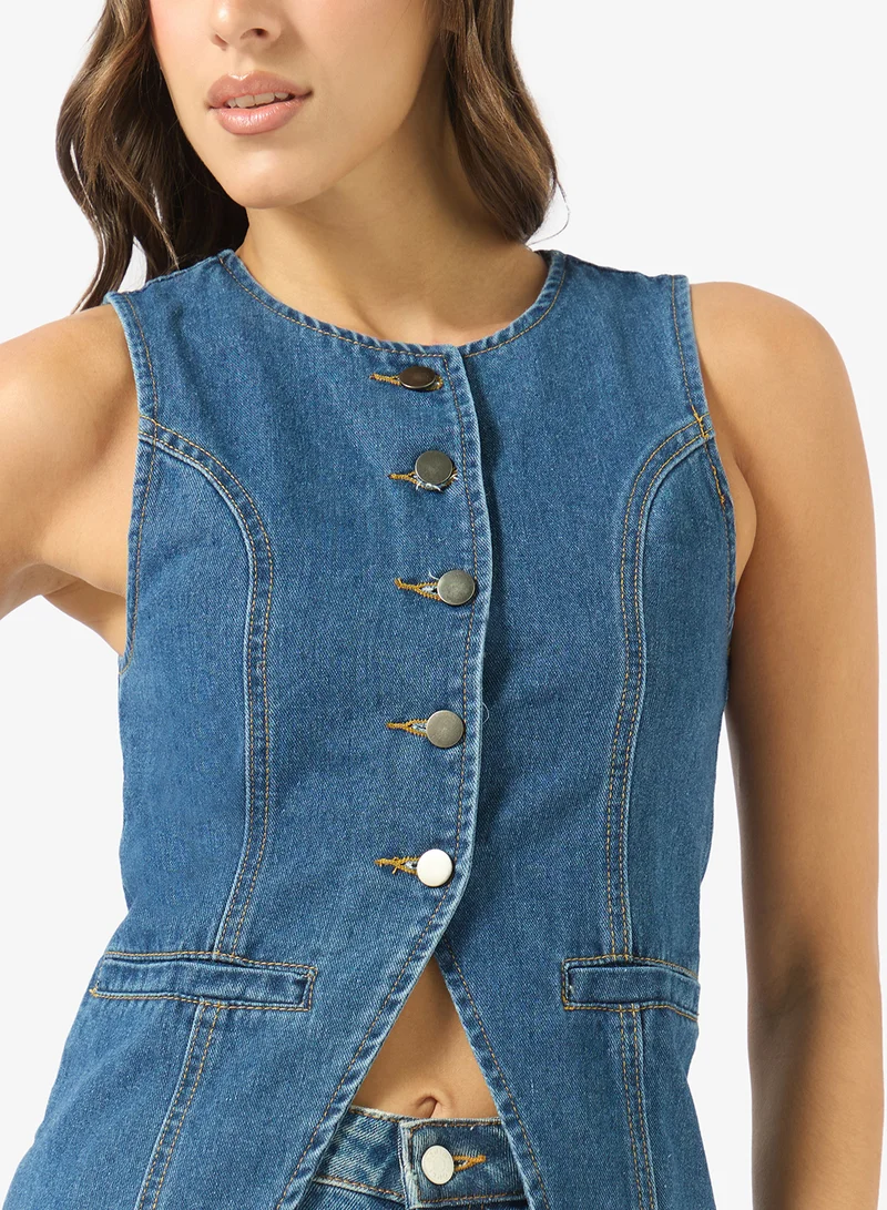 Ginger  Button Down Denim Longline Vest for Women | Best Price UAE