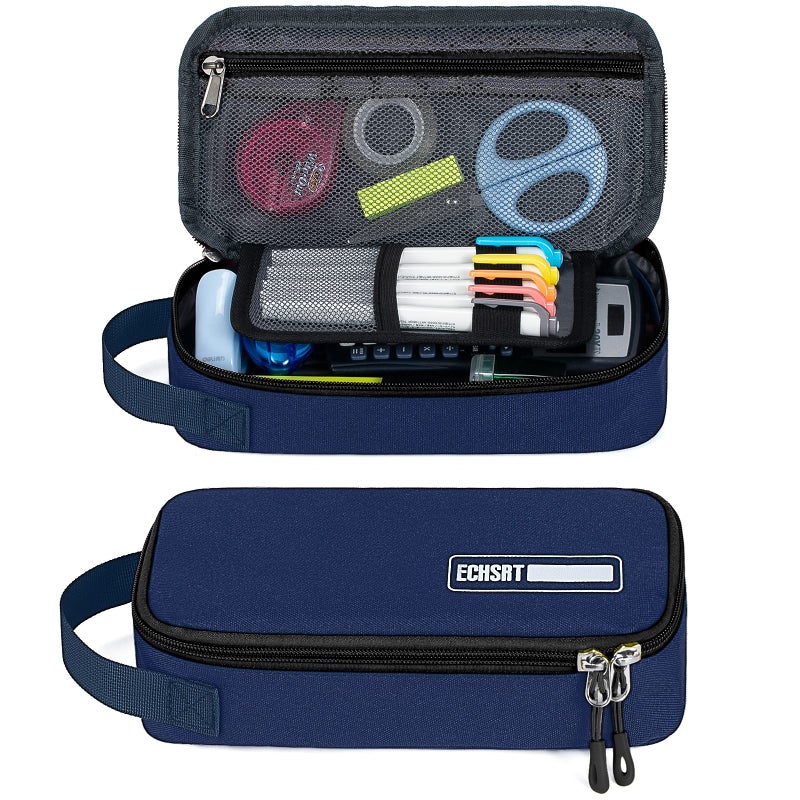 ECHSRT Large Pencil Case, Aesthetic Pen Pouch with Big Capacity, Minimalist Portable Stationery Bag with Handle for Office Organizer Blue Pencil Cases - Image 1