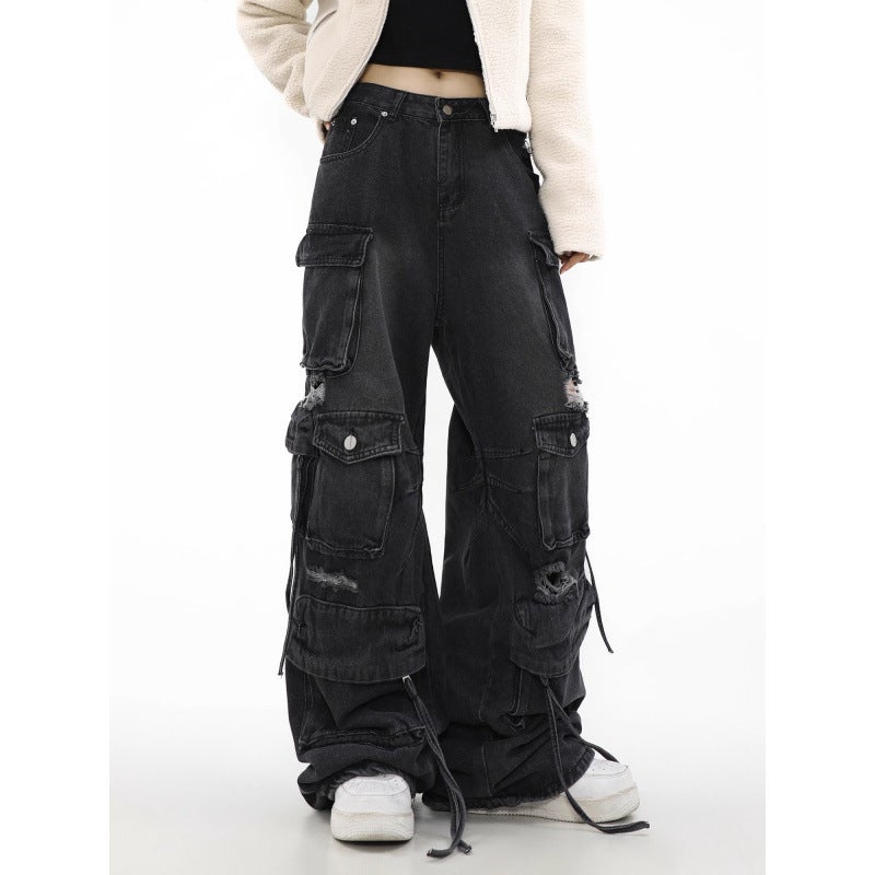 American High Street Pants Heavy-Duty Ripped Multi-Pocket Jeans For Men And Women Loose Straight Cargo Wide-Leg Pants Trendy - Image 3