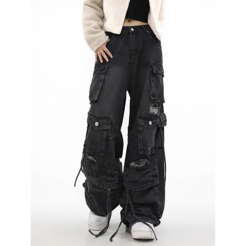 American High Street Pants Heavy-Duty Ripped Multi-Pocket Jeans For Men And Women Loose Straight Cargo Wide-Leg Pants Trendy - Image 5