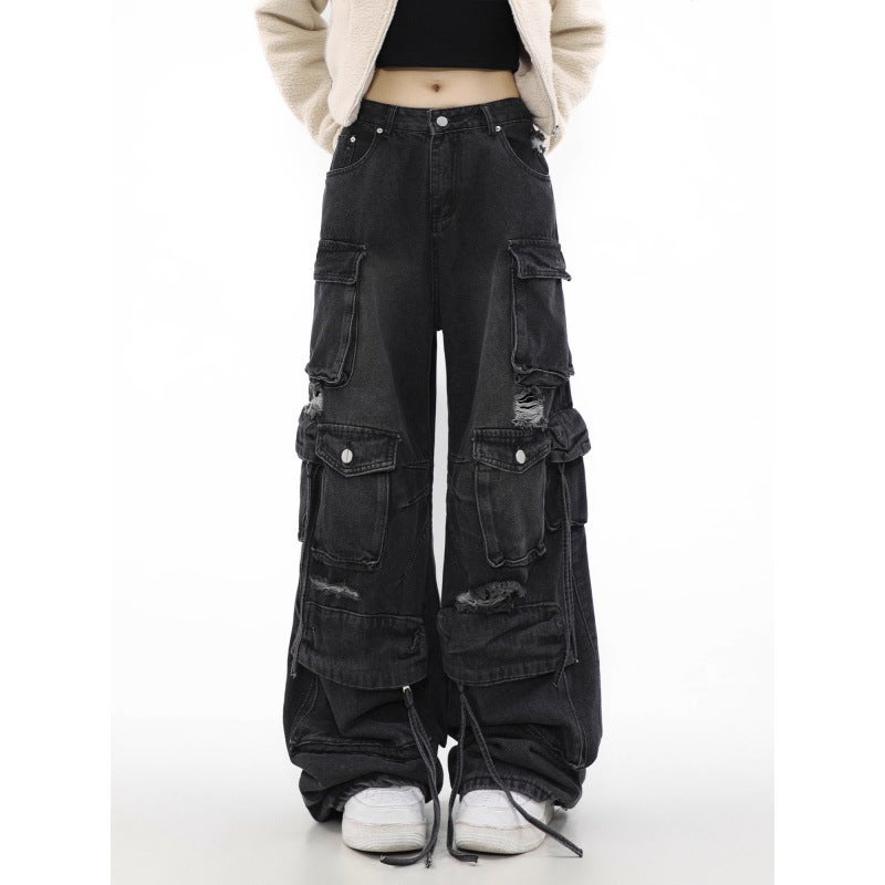 American High Street Pants Heavy-Duty Ripped Multi-Pocket Jeans For Men And Women Loose Straight Cargo Wide-Leg Pants Trendy - Image 4