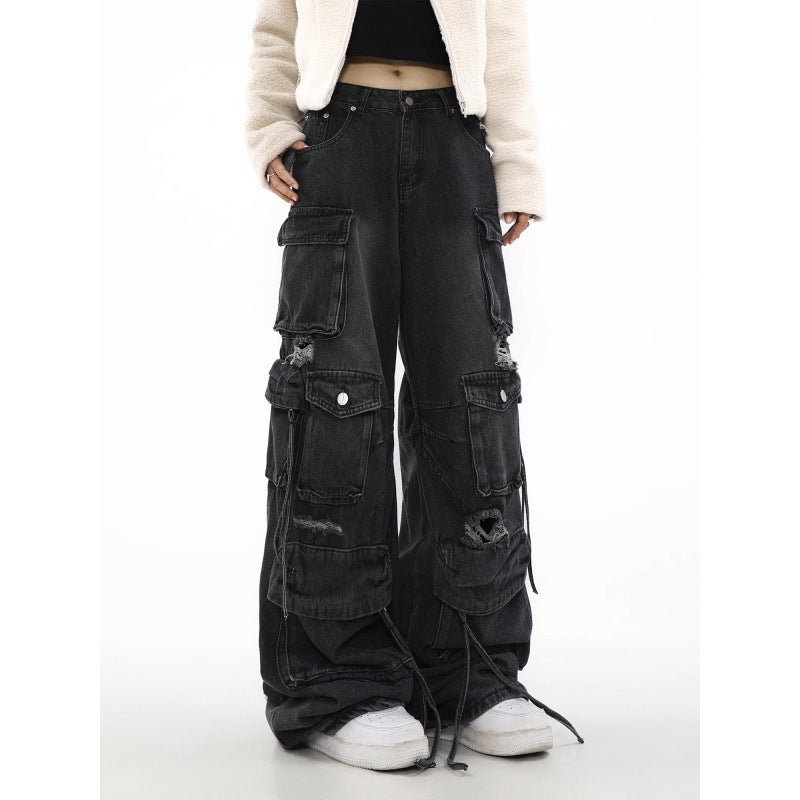 American High Street Pants Heavy-Duty Ripped Multi-Pocket Jeans For Men And Women Loose Straight Cargo Wide-Leg Pants Trendy - Image 2