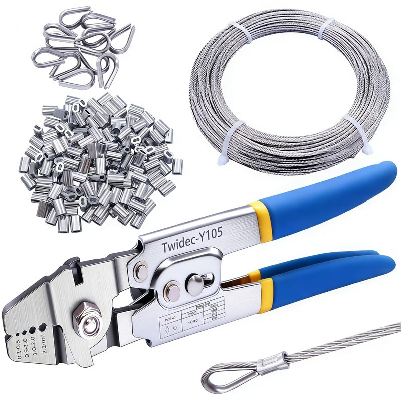 Twidec/Wire Rope Crimping Tool Up To 2.2mm Swaging Tool With 160PCS 1/16''Aluminum Crimping Loop Sleeve And 66FT 1/16'' 304 stainless steel Wire Rope 12PCS Wire Rope Thimbles Kit - Image 1
