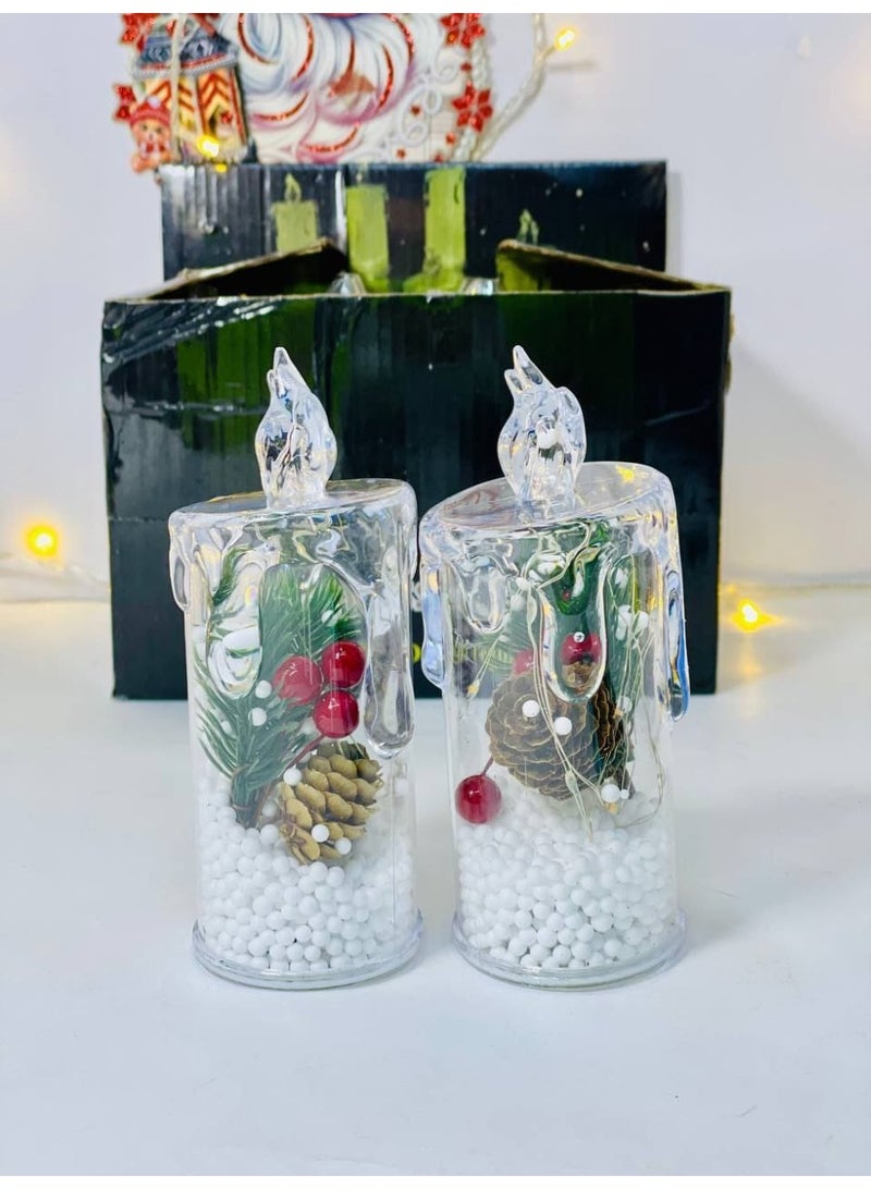 Transparent Christmas candles with a tree, artichokes, cherries, and snow inside. The candle is lit with cocktail lights and is operated by hour stones. Candle size: 13 cm. 2 pieces. - Image 3