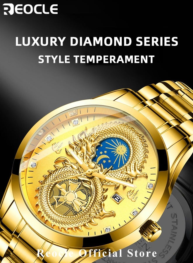 REOCLE Men's Quartz Watch with Dragon Carved & Stainless Steel Strap & Sun Moon Stars Dial & Luminous Points & Calendar Date Business Waterproof Dress Wristwatch  - Image 2