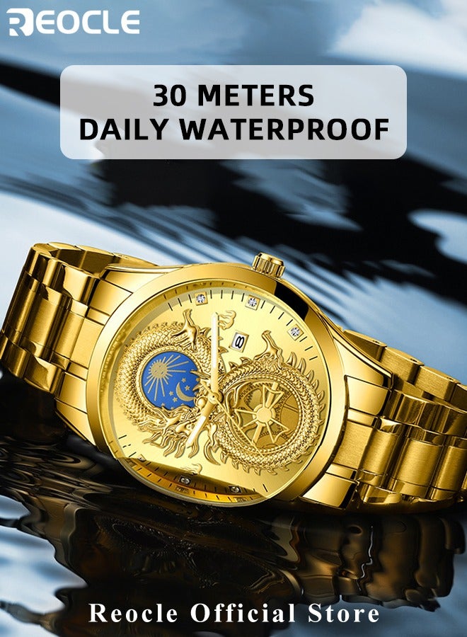 REOCLE Men's Quartz Watch with Dragon Carved & Stainless Steel Strap & Sun Moon Stars Dial & Luminous Points & Calendar Date Business Waterproof Dress Wristwatch  - Image 5