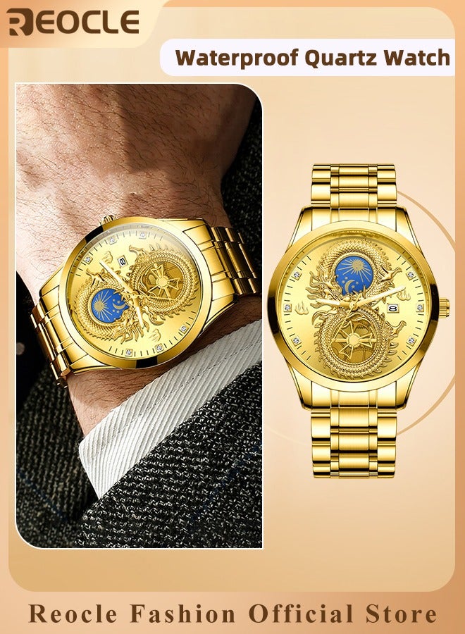 REOCLE Men's Quartz Watch with Dragon Carved & Stainless Steel Strap & Sun Moon Stars Dial & Luminous Points & Calendar Date Business Waterproof Dress Wristwatch  - Image 1