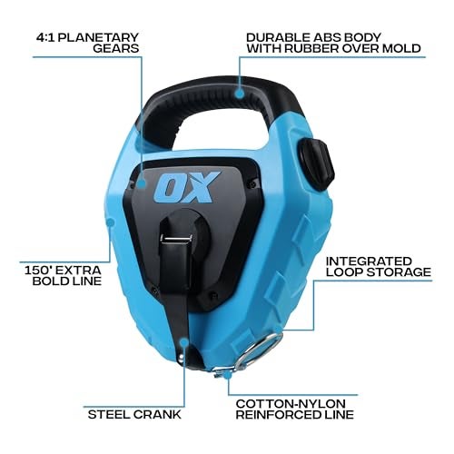 OX Pro Giant Chalk Line 150ft QuickWind Cotton Nylon Extra Bold Line Chalk Reel with Rubber Grip 41 Gear Ratio Professional Grade Marking Tool Choclain Choclay Tiralineas - Image 3