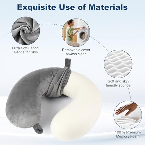 GDEOUP Travel Pillow 100% Pure Memory Foam Neck Pillow Airplane for Traveling,Car, Train,Napping,Traveling,Washable Cover (Grey) - Image 2