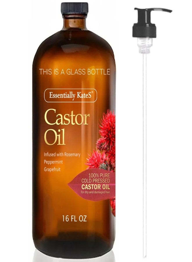 Essentially KateS زيت الخروع 16 أونصة سائلة (زجاجة) - infusion إكليل الجبل والنعناع والجريب فروت - زجاجة زجاجية كبيرة مع مضخة - 100% نقي وطبيعي، معصور على البارد، وخالي من الهكسان - زيت للشعر، زيت للجسم - Image 1