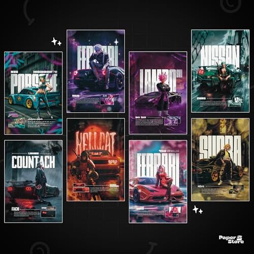 Thepaper9store Cardstock Pack Of 8 Car X Anime Posters | Premium 300 GSM | A4 Size (8.4X12 Inch) Wall Décor For Bedroom, Living Room, Office | Perfect For Car And Anime Lovers | Vibrant Aesthetic - Image 2