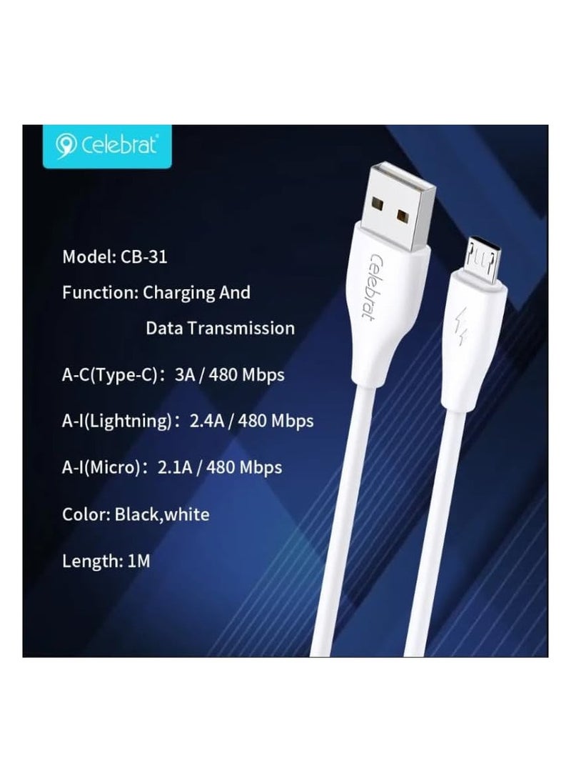 Celebrat - Celebrat CB-31 Portable USB To Lightning Fast Charge And Data Transmission Cable With Smart Design And Practical Fits Iphone 2.4A /480mbps /1M - White - Image 1
