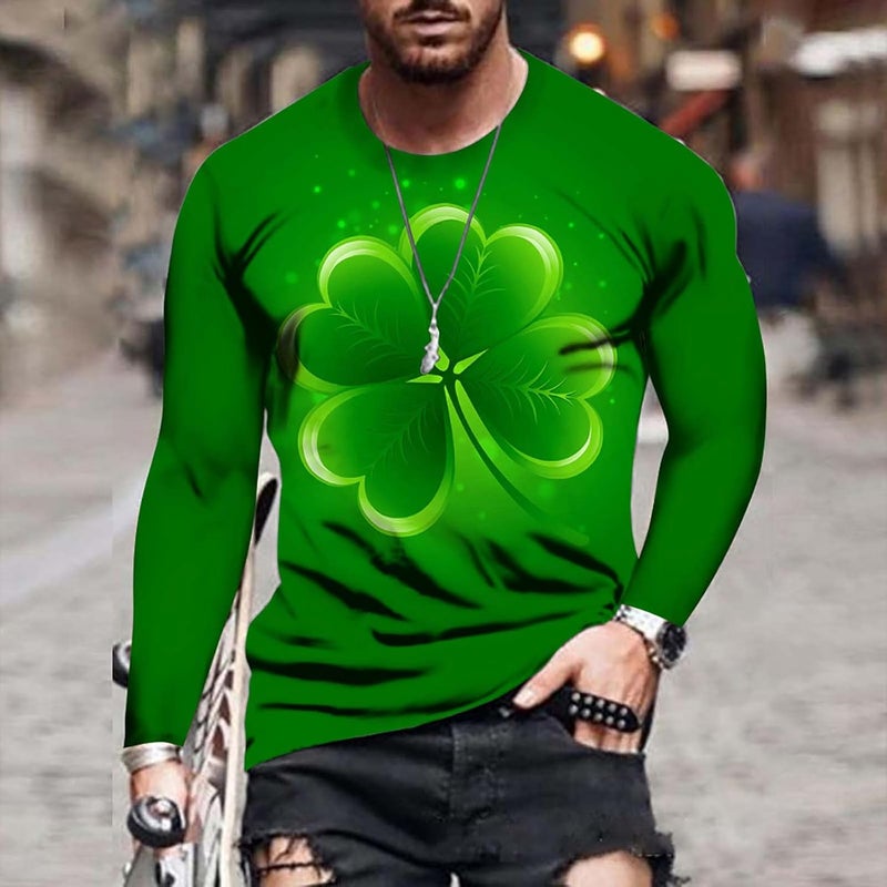 cheekyglo Men St Patricks Day Long Sleeve T-Shirt Shamrock Printing Slim-Fit Crew Neck Tops Pullover Tie Dye Tee Sweatshirt Blouse - Image 2