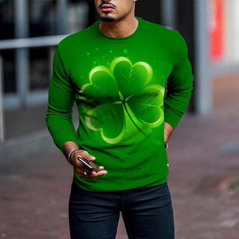 cheekyglo Men St Patricks Day Long Sleeve T-Shirt Shamrock Printing Slim-Fit Crew Neck Tops Pullover Tie Dye Tee Sweatshirt Blouse - Image 5