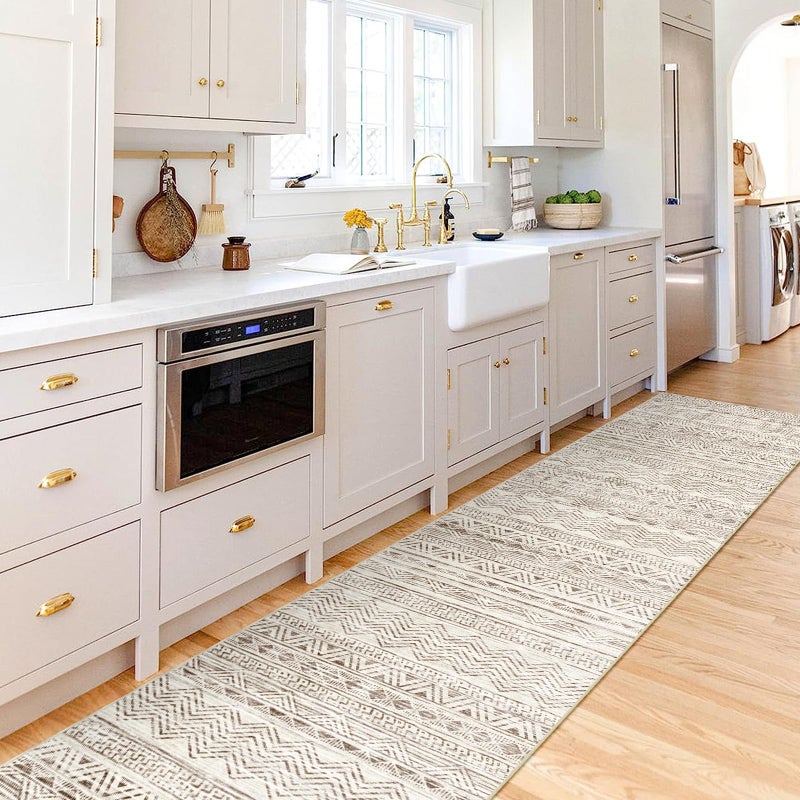 Moroccan Washable Hallway Runner Rug  26x12 Non Slip Floor Mat for Kitchen Low Pile Living Room Carpet with Rubber Backing Bedroom Rugs for Entryway 26x12 Beige