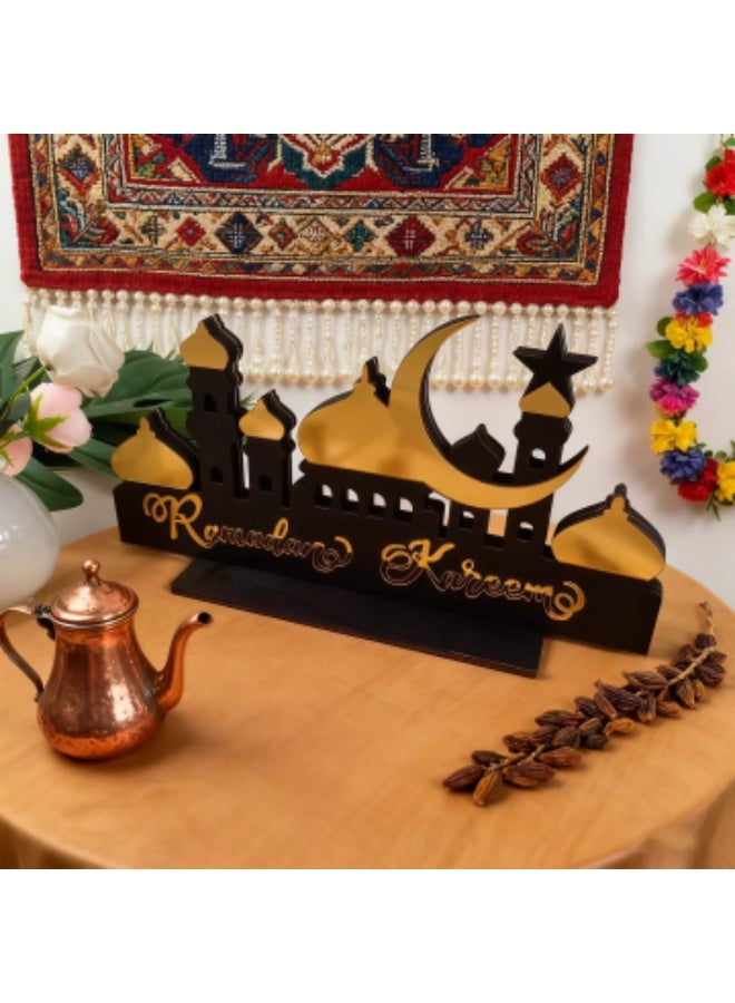 Wooden Acrylic Islamic Tabletop Decors | Ramadan Kareem and Eid Mubarak Decoration | Islamic Muslim Gifts | Ramadan Eid Decoration | (Ramadan Mubarak, Gold) - Image 1