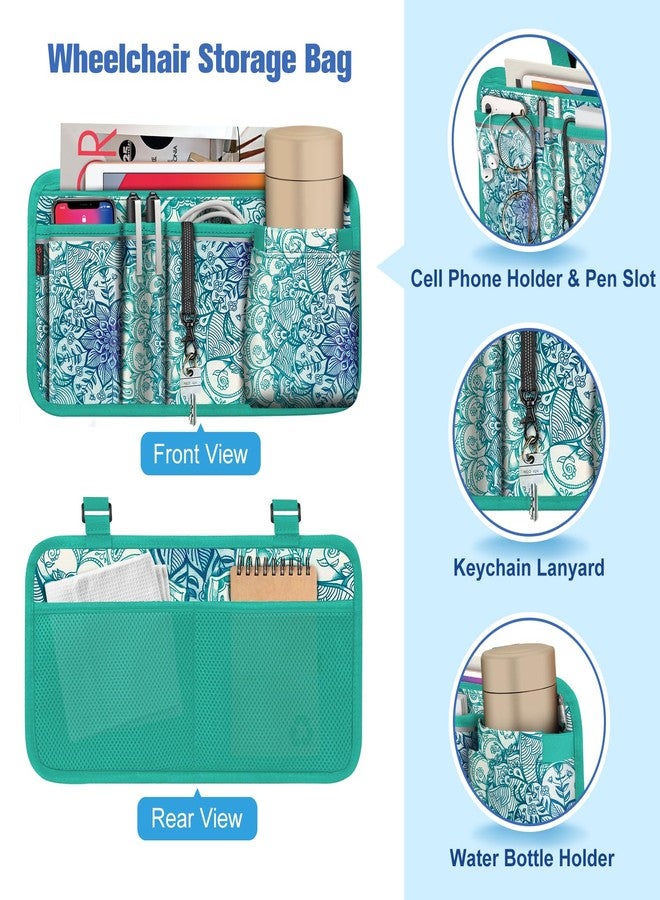 FINPAC Wheelchair Side Storage Bag w/Cup Holder, Wheelchair Armrest Accessories Pouch with Pen Slot and Reflective Strips for Power Walkers, Rollators, Seniors - Emerald Illusions - Image 2