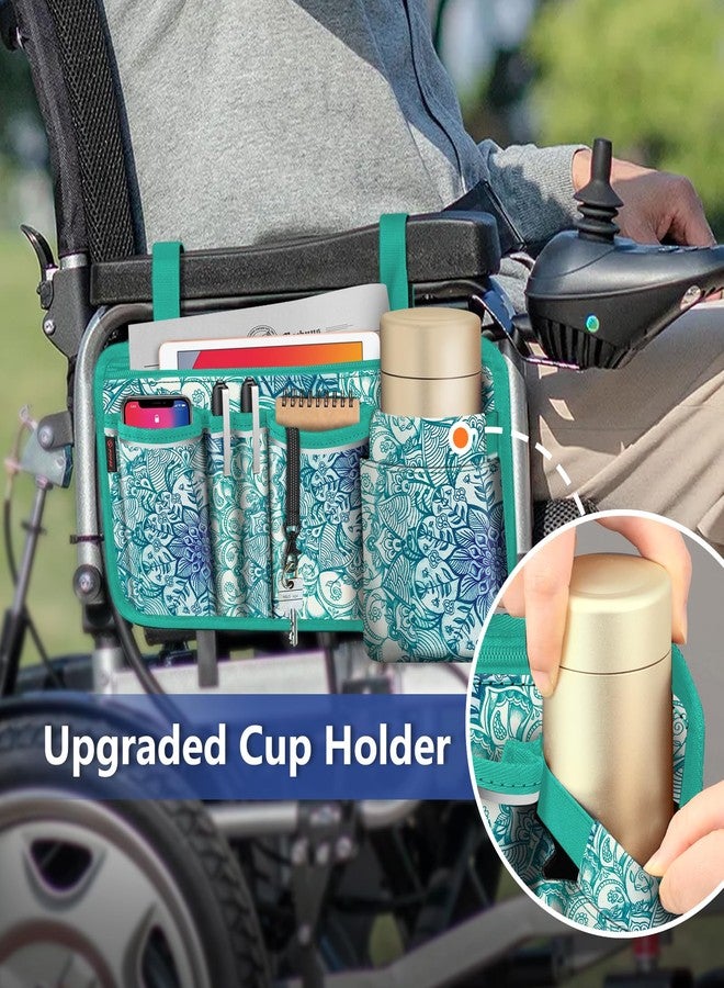 FINPAC Wheelchair Side Storage Bag w/Cup Holder, Wheelchair Armrest Accessories Pouch with Pen Slot and Reflective Strips for Power Walkers, Rollators, Seniors - Emerald Illusions - Image 3