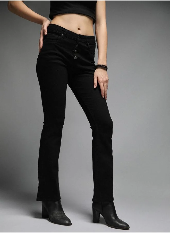 HIGH STAR High Rise Bootcut Jeans with Button Fly by Styli