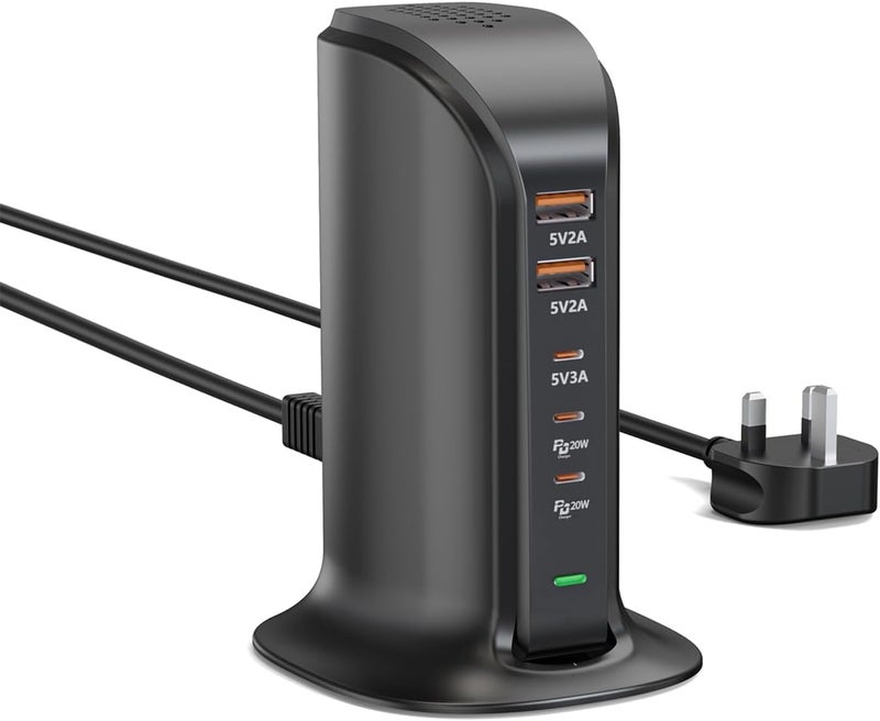 VHBW 55W USB Charging Station,Multi USB C Charger 5-Port USB Charger Tower for iPhone 15/15 Pro/15 Pro Max/iPhone 14/14 Pro/14 Pro Max/13 Pro/13 Pro Max,Samsung,iPad,etc (Black 55W) - Image 1