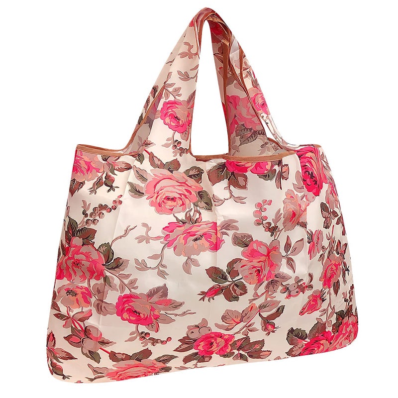 allydrew Large Foldable Tote Nylon Reusable Grocery Bag Pink  Khaki Roses