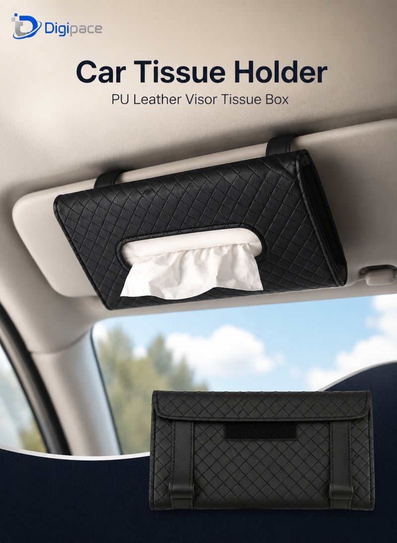 Digipace Car Tissue Holder, PU Leather Visor Tissue Box for Car Truck SUV, Secure Clip-On Sun Visor Dispenser, Black Checkered Interior Accessory - Image 1