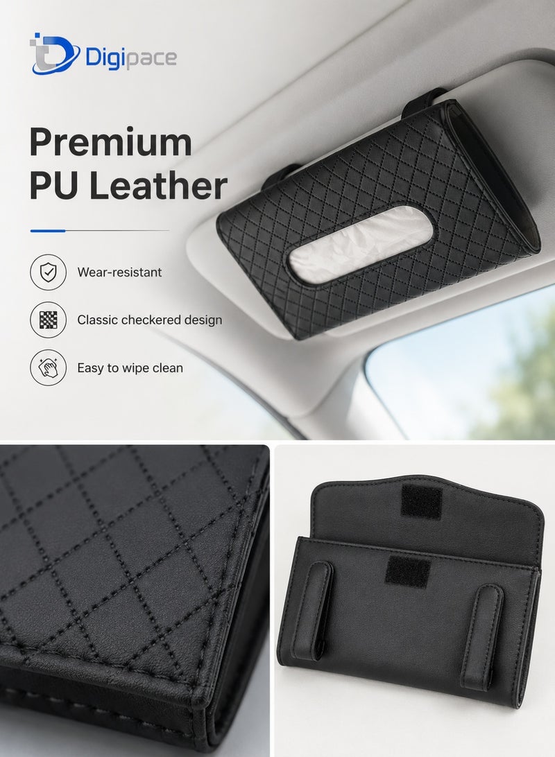 Digipace Car Tissue Holder, PU Leather Visor Tissue Box for Car Truck SUV, Secure Clip-On Sun Visor Dispenser, Black Checkered Interior Accessory - Image 3