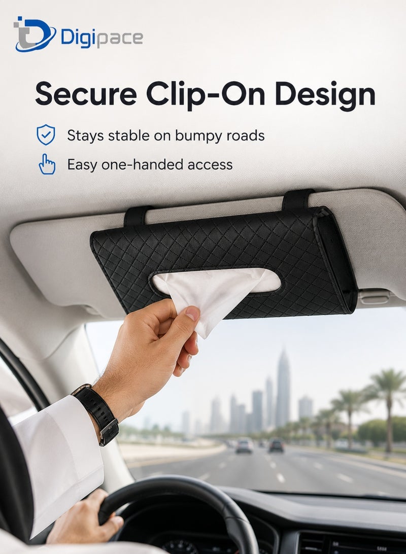 Digipace Car Tissue Holder, PU Leather Visor Tissue Box for Car Truck SUV, Secure Clip-On Sun Visor Dispenser, Black Checkered Interior Accessory - Image 4