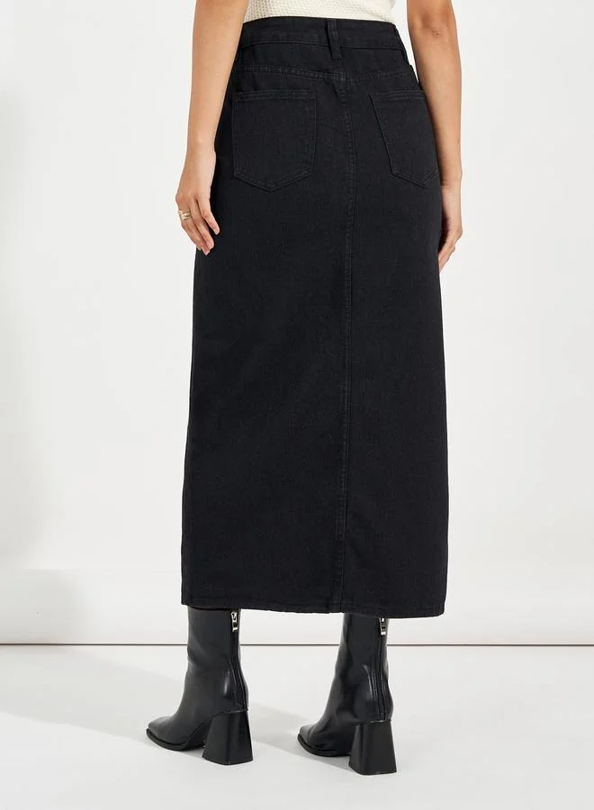 Styli High Rise Straight Hem Midi Skirt with Front Slit
