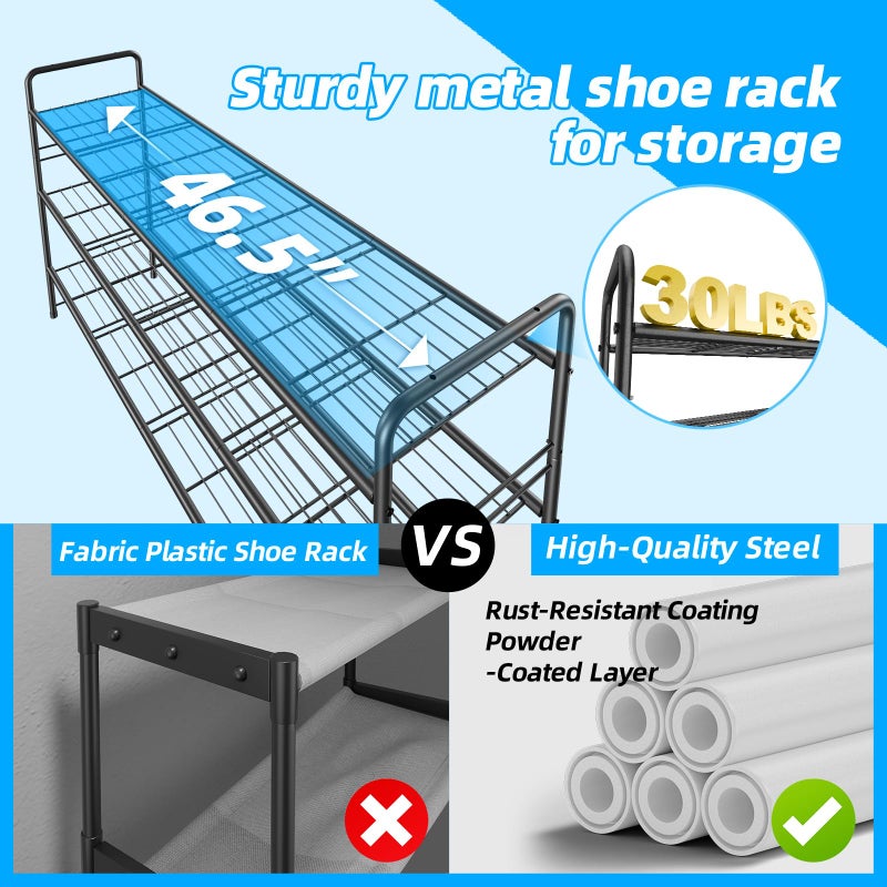 MWQ 3 Tier Shoe Rack for Closet, 46.5 Inch Extra Long Shoe Storage Organizer for Shelves, Heavy Duty Metal, Easy Assembly, Black - Image 4