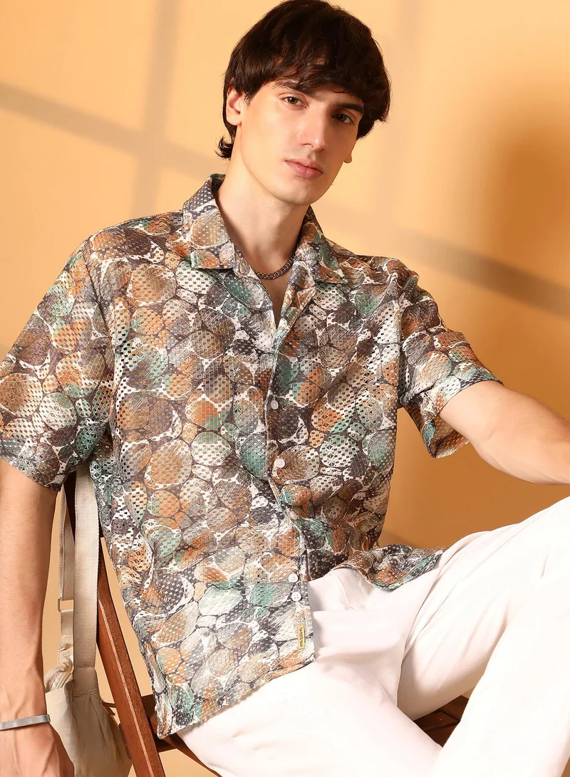 Campus Sutra Men's Multicolour Pebble Knit Oversized Shirt