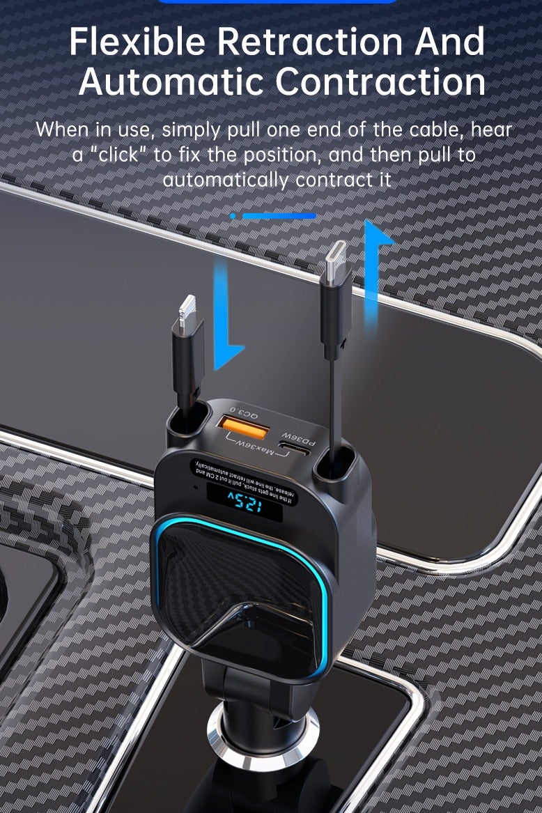 CIMIA 96W Car Charger with Dual Retractable Cables, LED Display, 180° Adjustable, Type-C and Lightning Ports, Fast Charging - Image 1