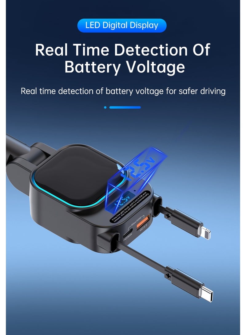 CIMIA 96W Car Charger with Dual Retractable Cables, LED Display, 180° Adjustable, Type-C and Lightning Ports, Fast Charging - Image 3