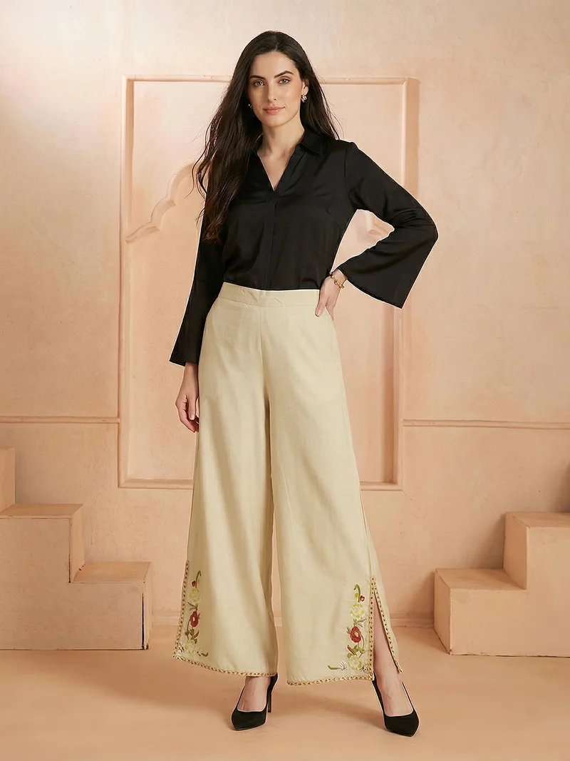 جلو باص Globus Women Beige Mid Rise Flared Embroidered Hem Side Slits Fusion Palazzos